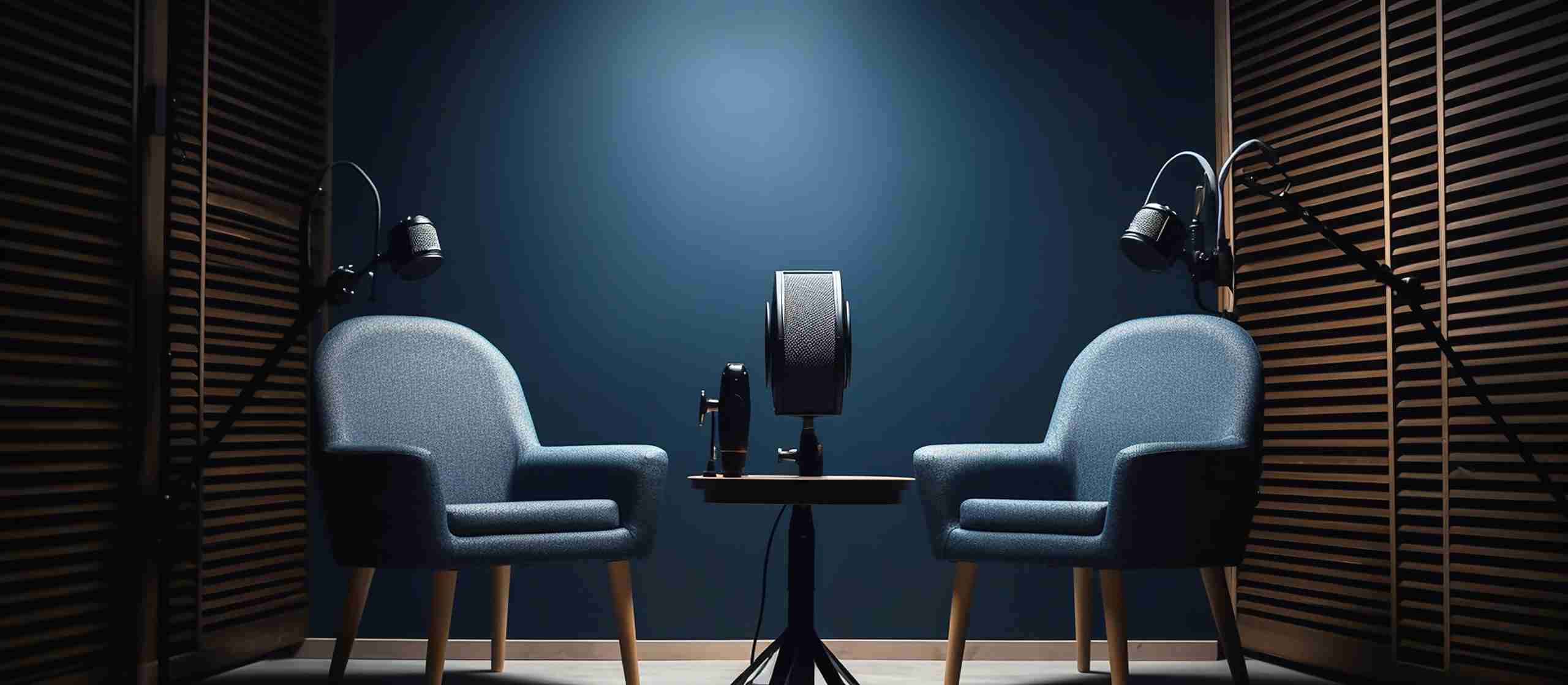 Two chairs and microphones in a podcast studio